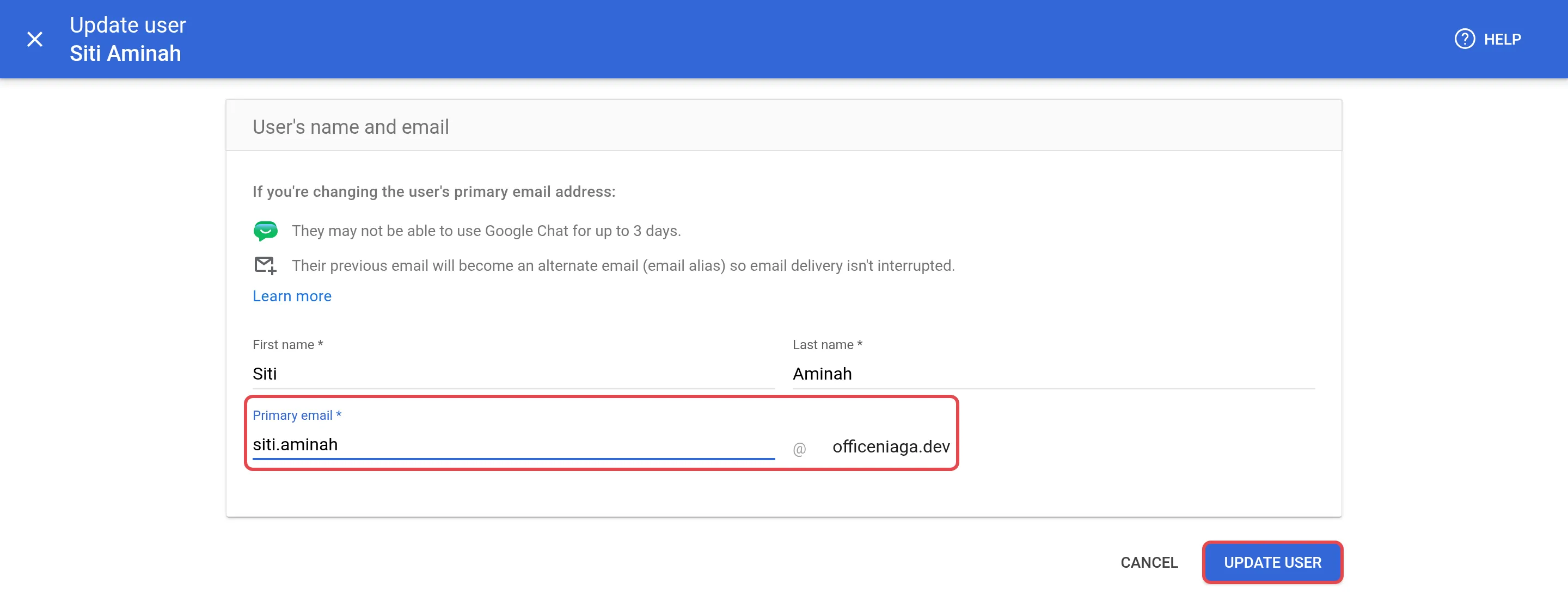 Update user框，有新的Primary email和Update user按钮