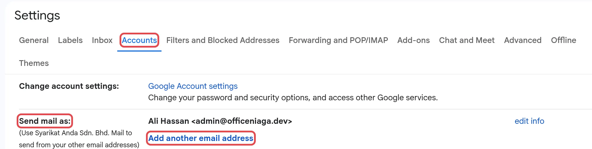 Gmail的Accounts标签页，有Send mail as和Add another email address