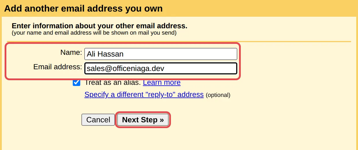 Add another email address窗口，有示例别名和Next Step按钮