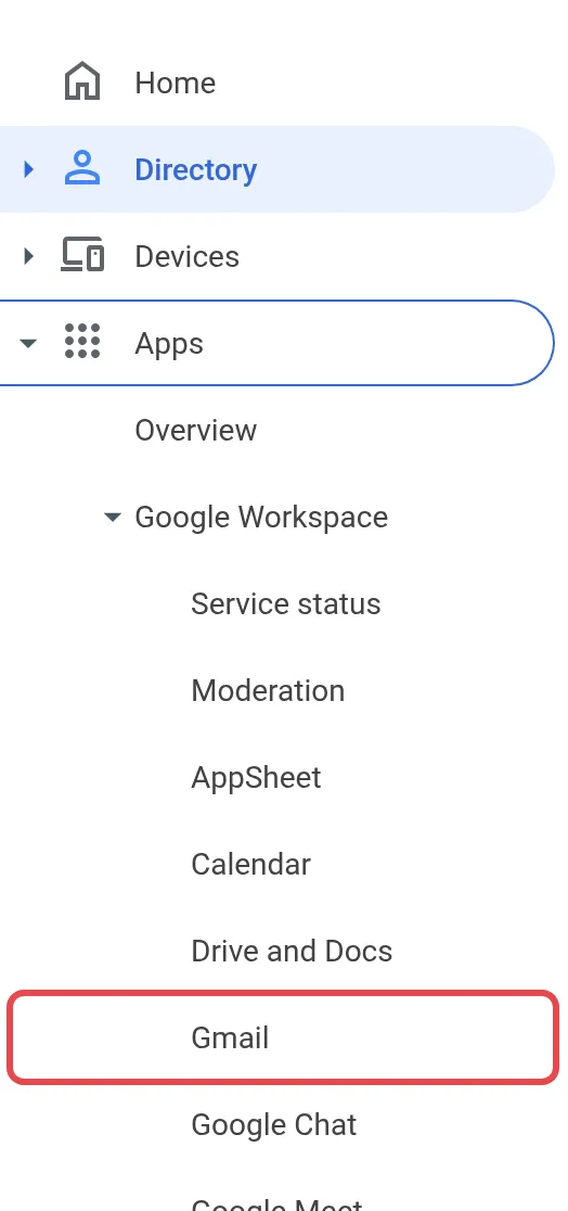 Admin console菜单，已标示Apps → Google Workspace → Gmail