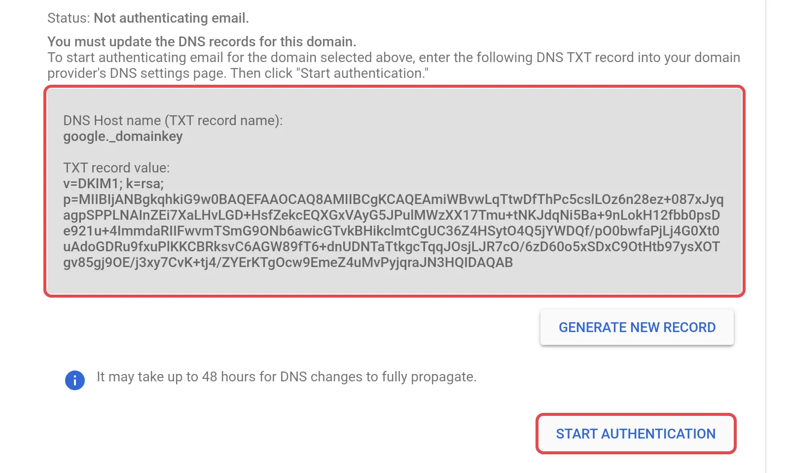 DKIM TXT记录和Start authentication按钮