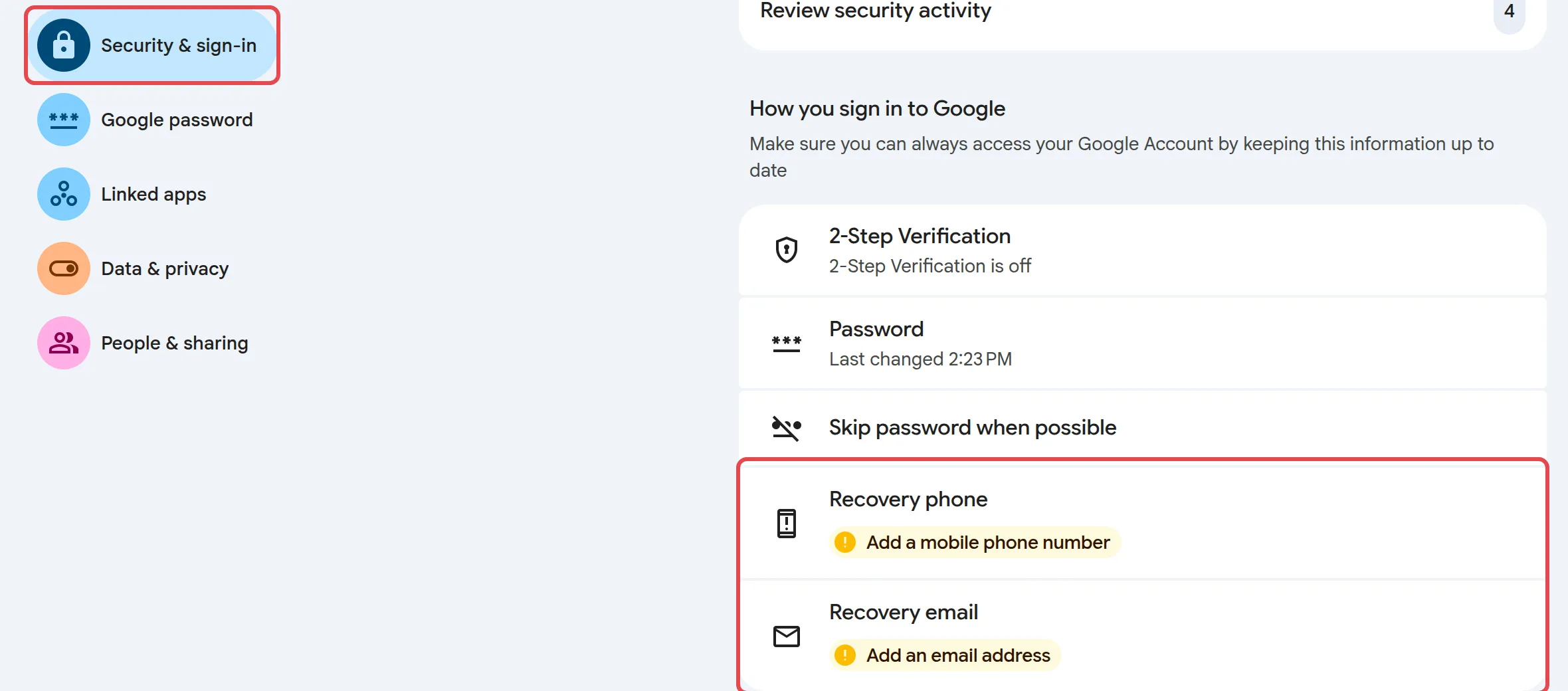Security & sign-in页面，显示Recovery phone和Recovery email两行