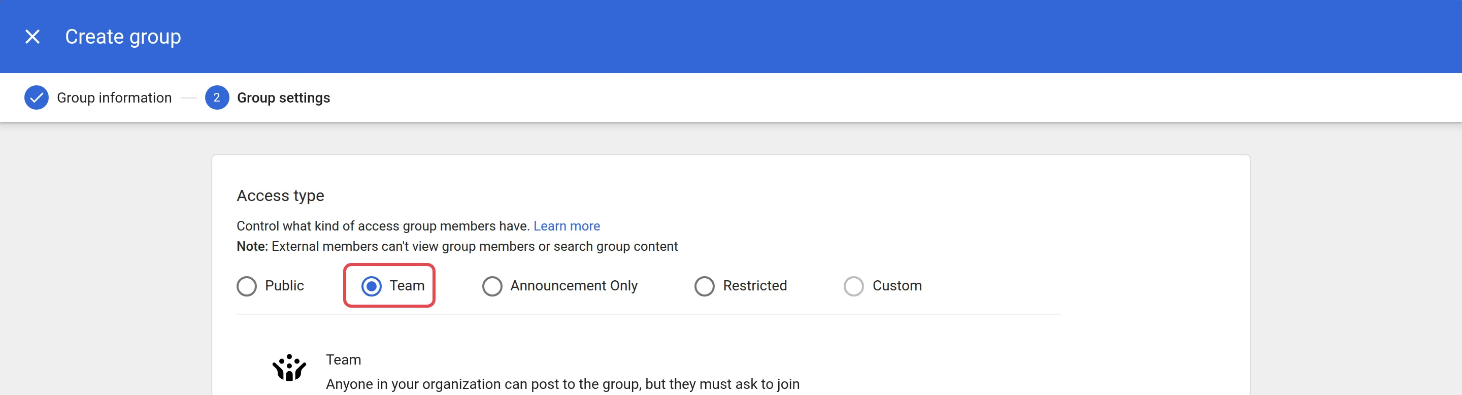 Group settings，已选择Team访问类型