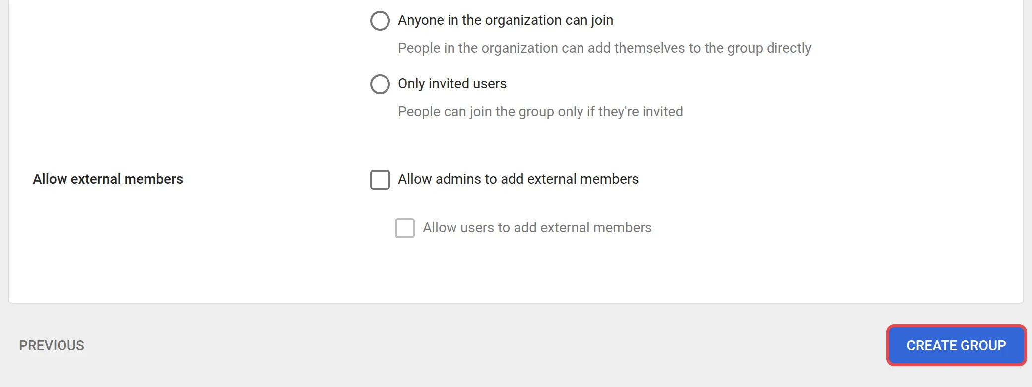 Group settings页面底部，有Create Group按钮