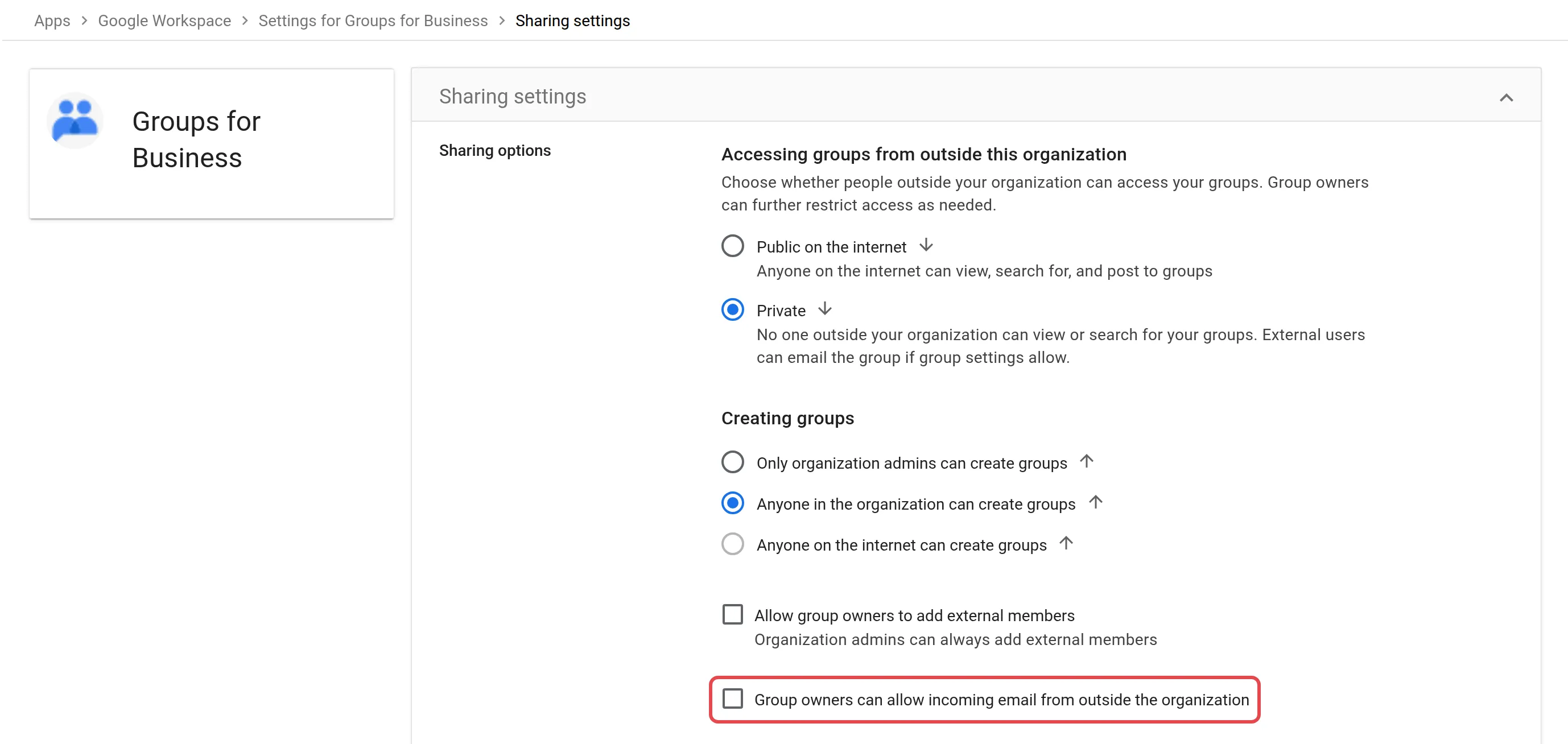 Groups for Business分享设置，有允许组织以外来信的选项