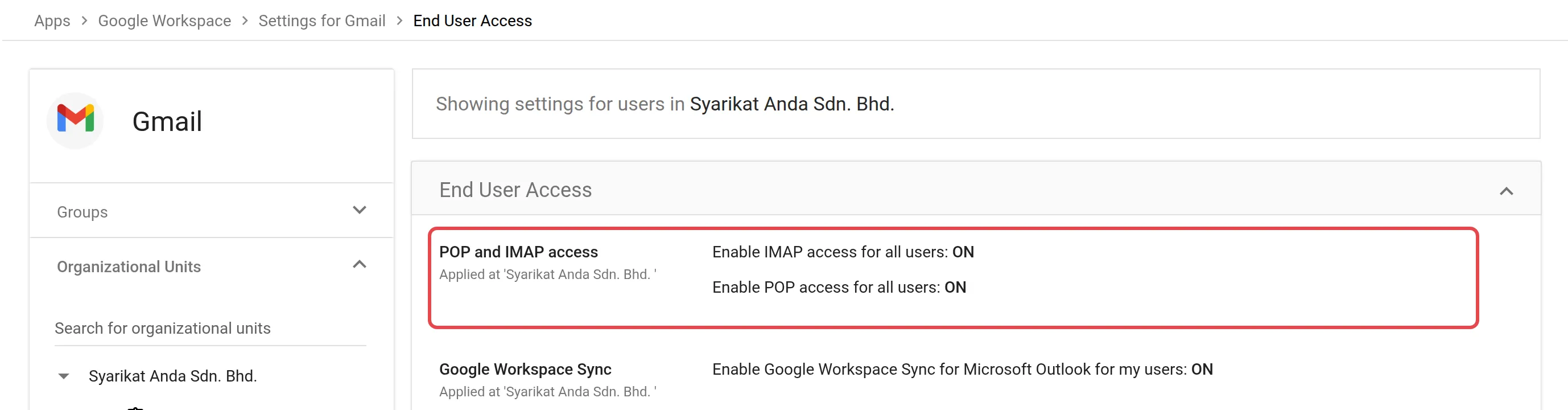 Gmail的End User Access设置，显示POP and IMAP access