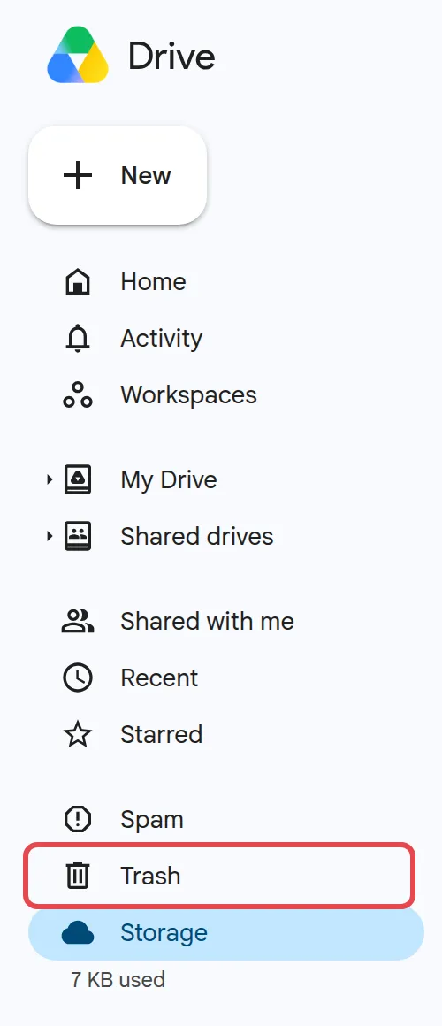 Google Drive菜单，已标示Trash
