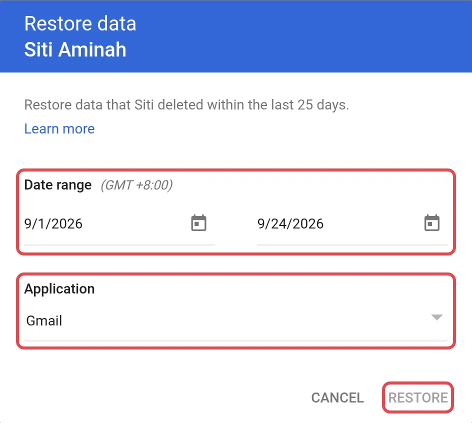 Restore data框，有日期范围、已选择Gmail和Restore按钮