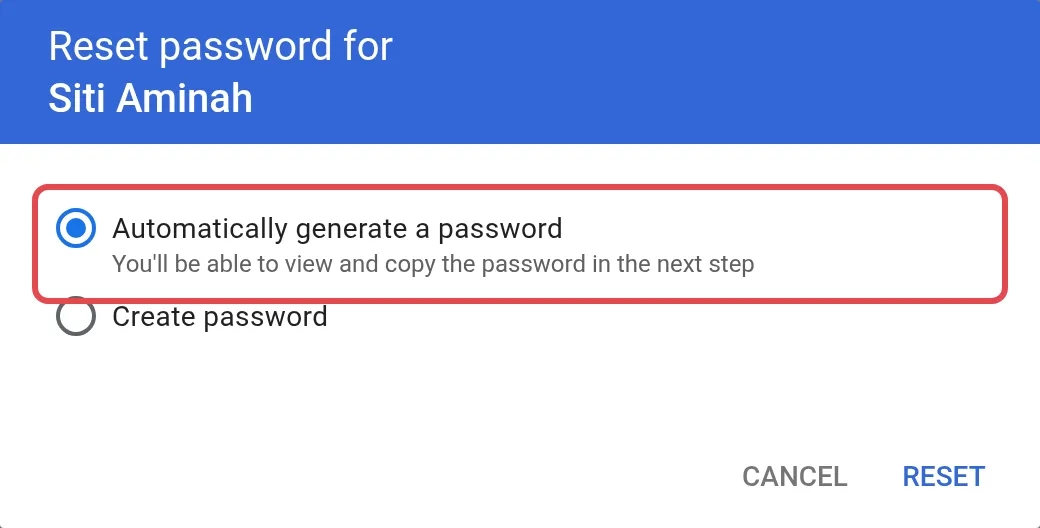 已选择Automatically generate a password的Reset password对话框