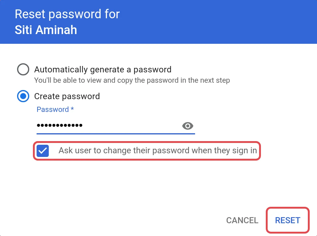 已选择Create password、已勾选Ask user to change their password，以及Reset按钮