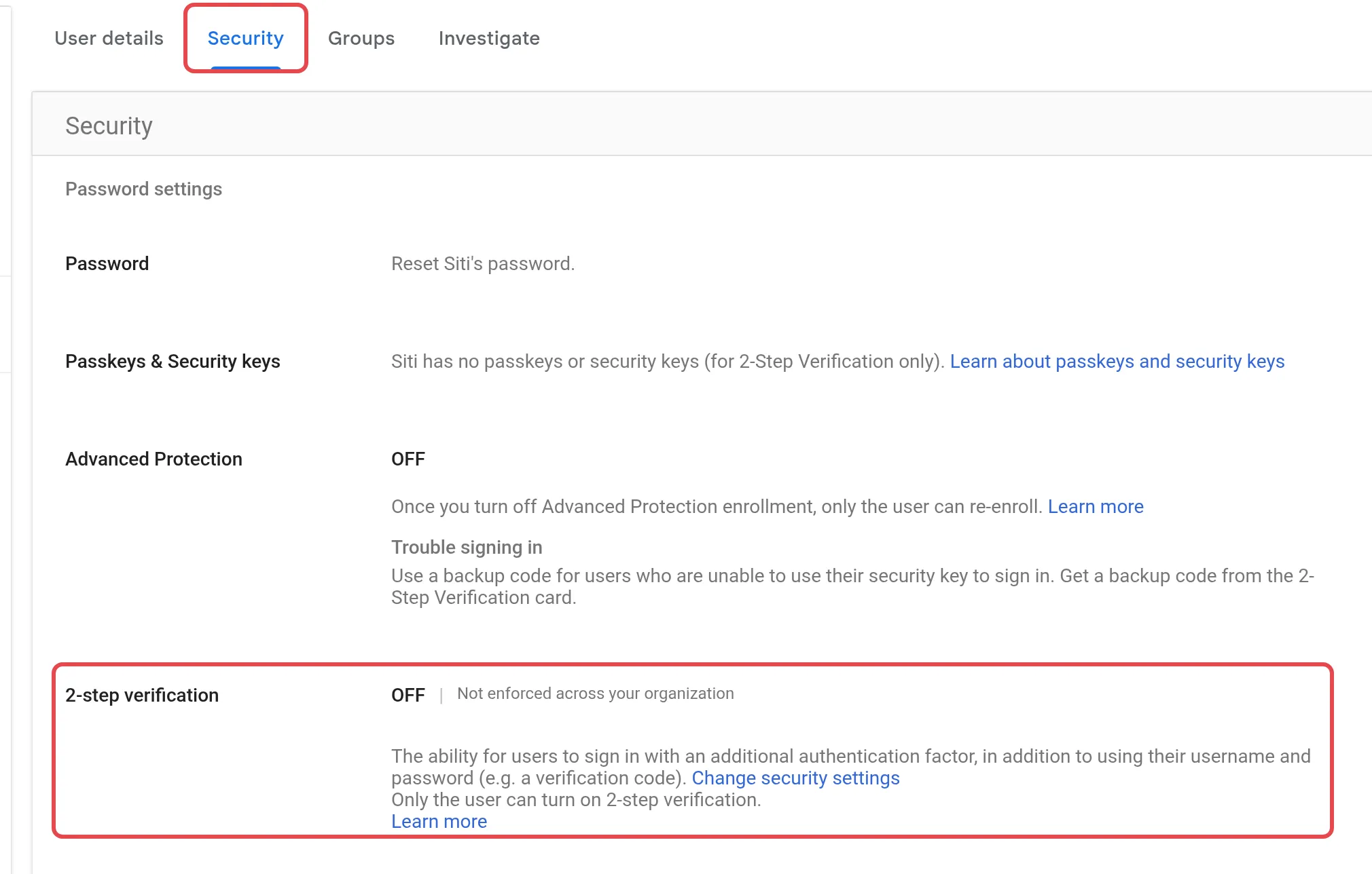 用户的Security标签页和2-step verification这一行