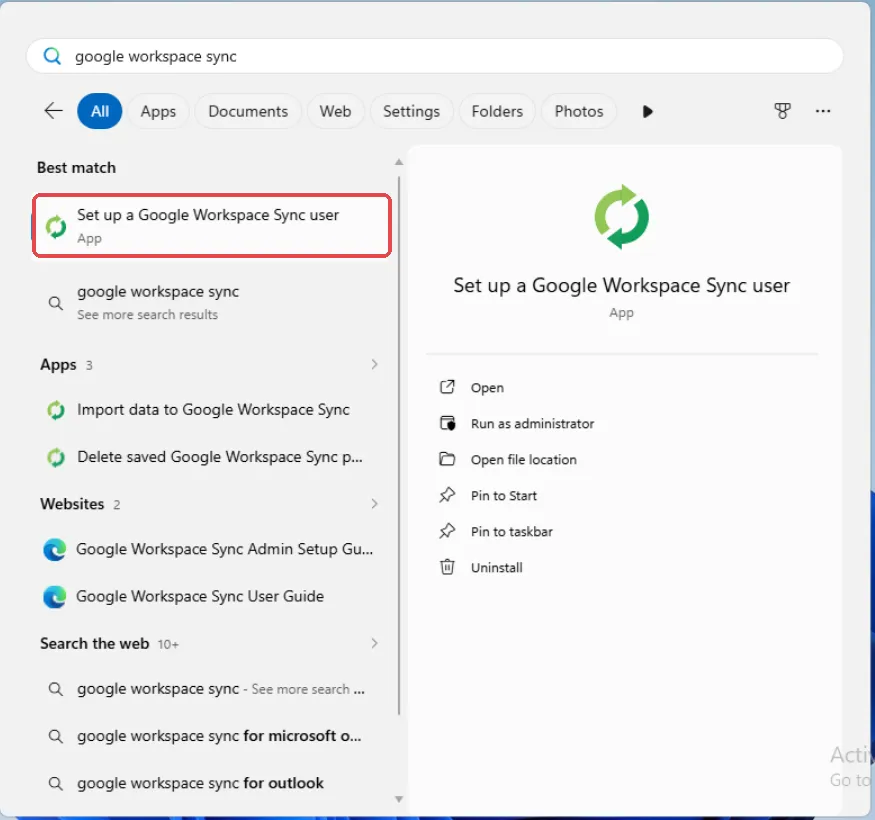 Start菜单搜索结果显示Set up a Google Workspace Sync user