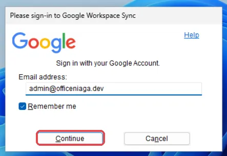 Please sign-in to Google Workspace Sync窗口，已标示Continue按钮