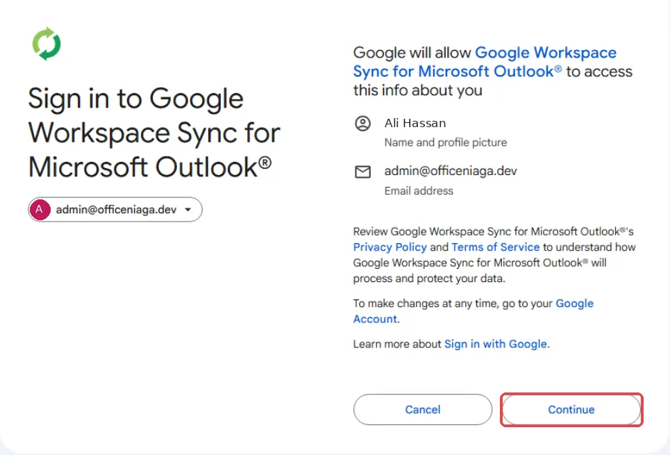 Google Workspace Sync的Google登录页面，已标示Continue按钮