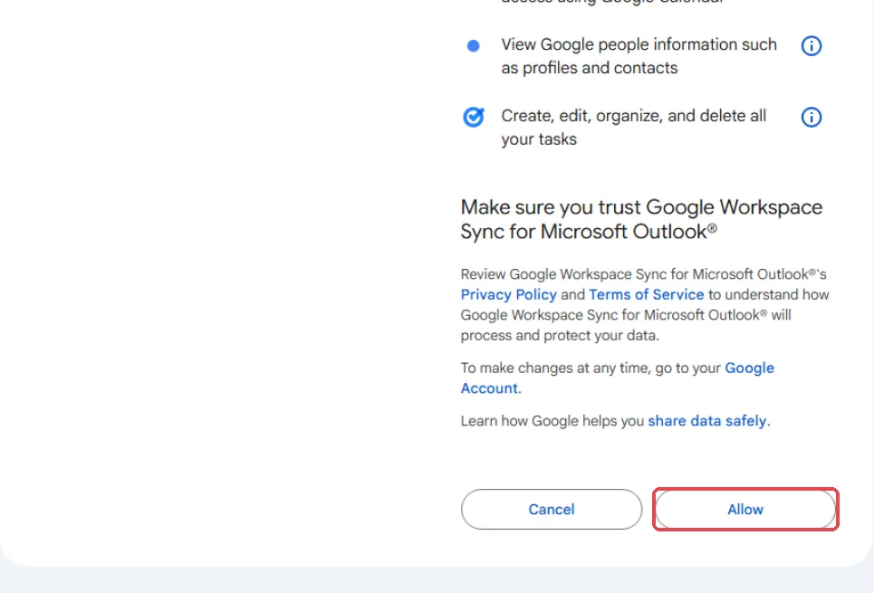 Google Workspace Sync的Google访问请求，已标示Allow按钮