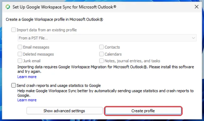 Set Up Google Workspace Sync窗口，已标示Create profile按钮