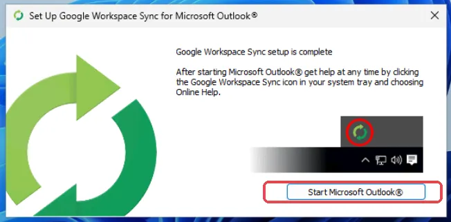 Google Workspace Sync setup is complete窗口，已标示Start Microsoft Outlook按钮