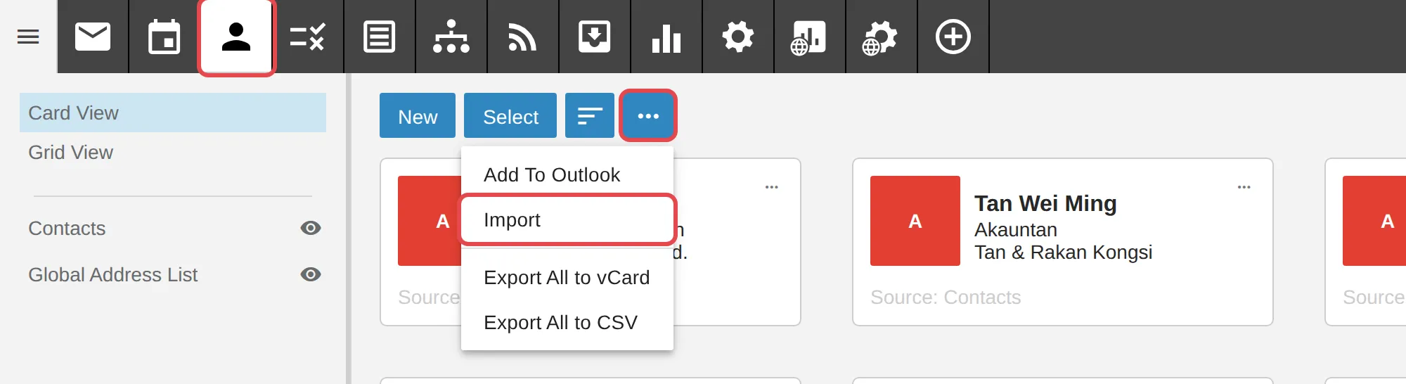 Menu … di Contacts dengan Import
