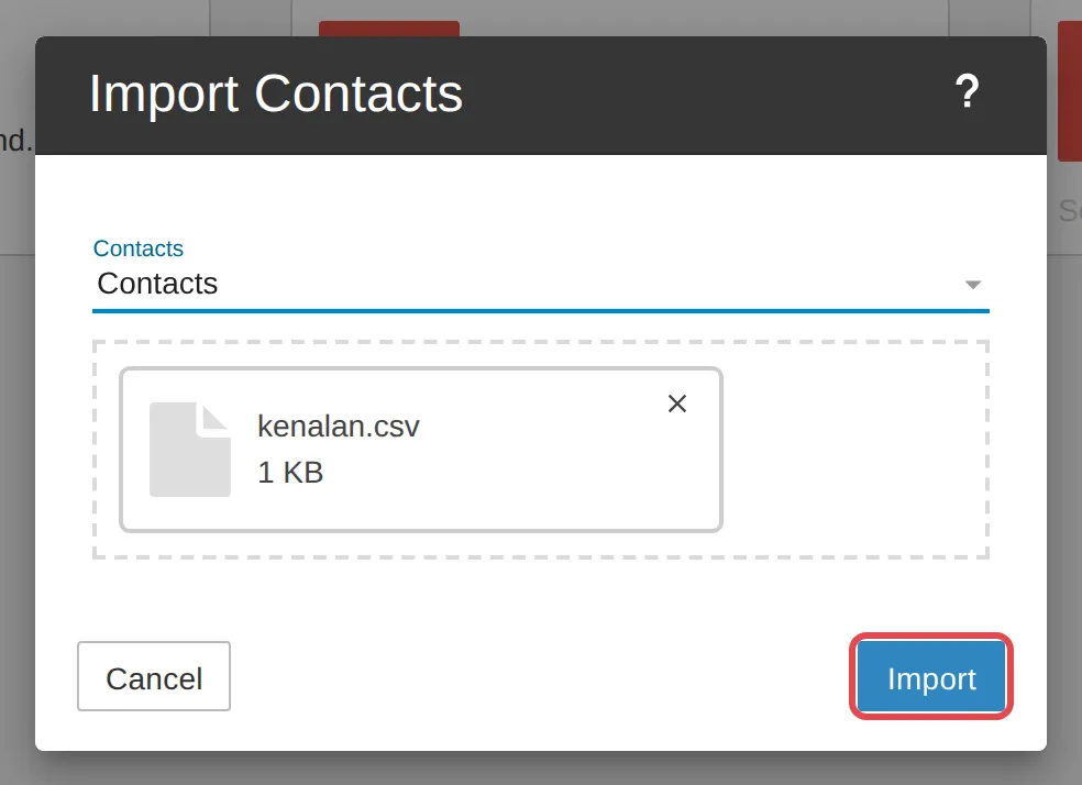 Import Contacts dengan fail CSV dipilih