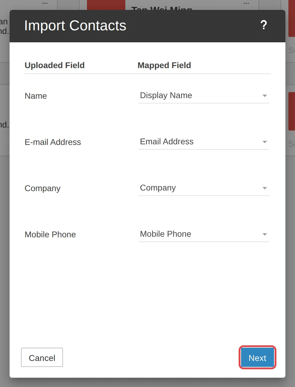 Uploaded Field dan Mapped Field, butang Next