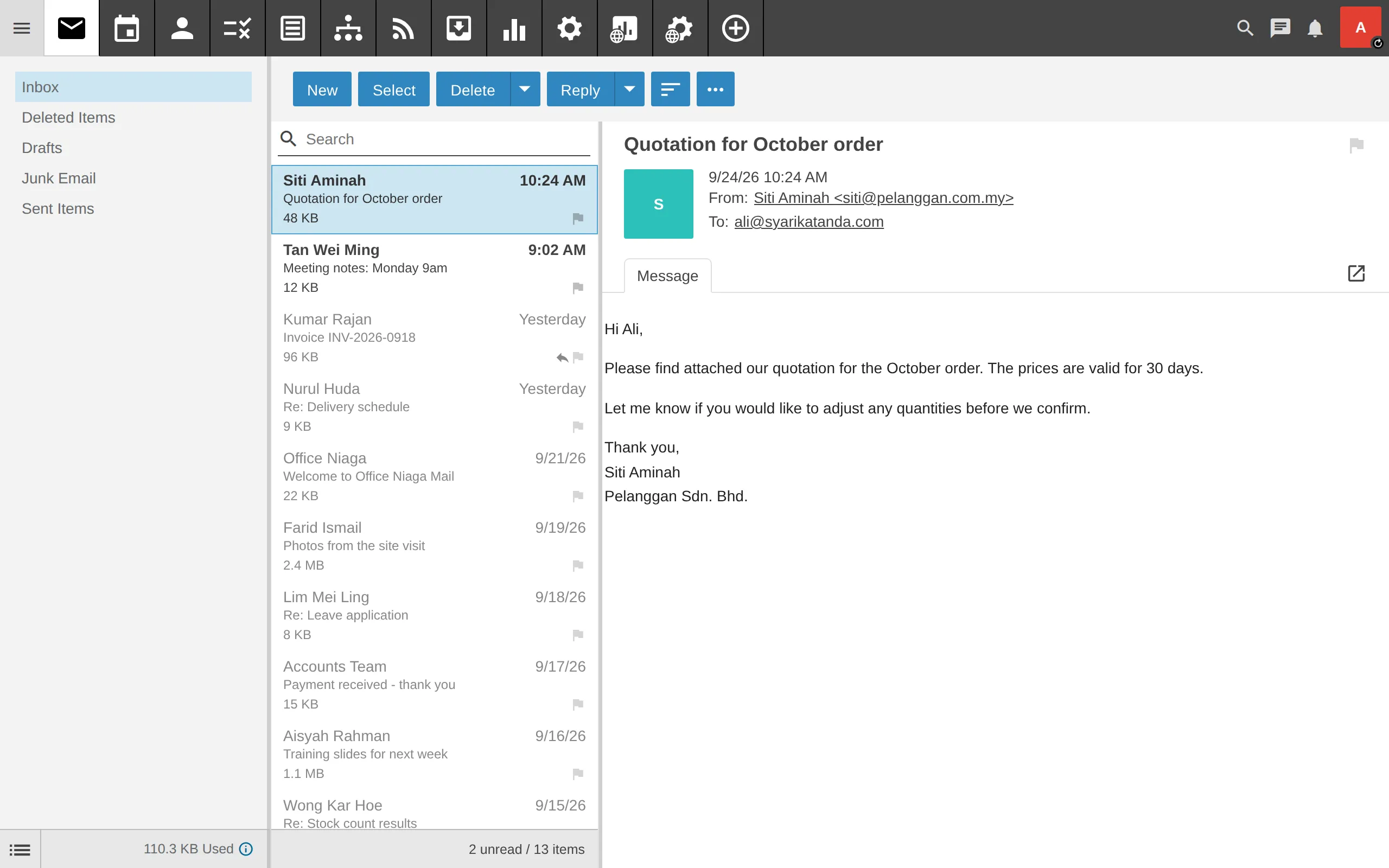 Dashboard utama webmail