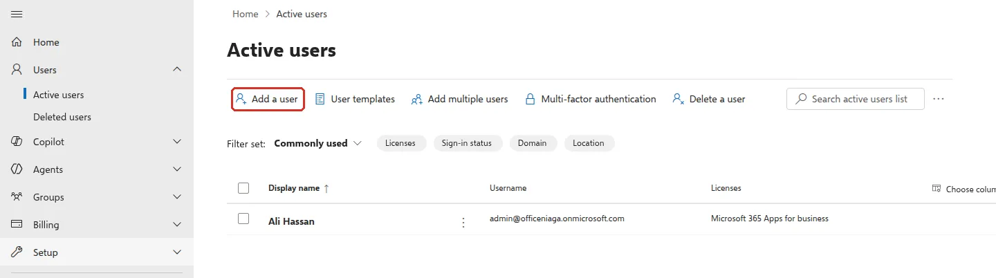 Active users page with Add a user highlighted