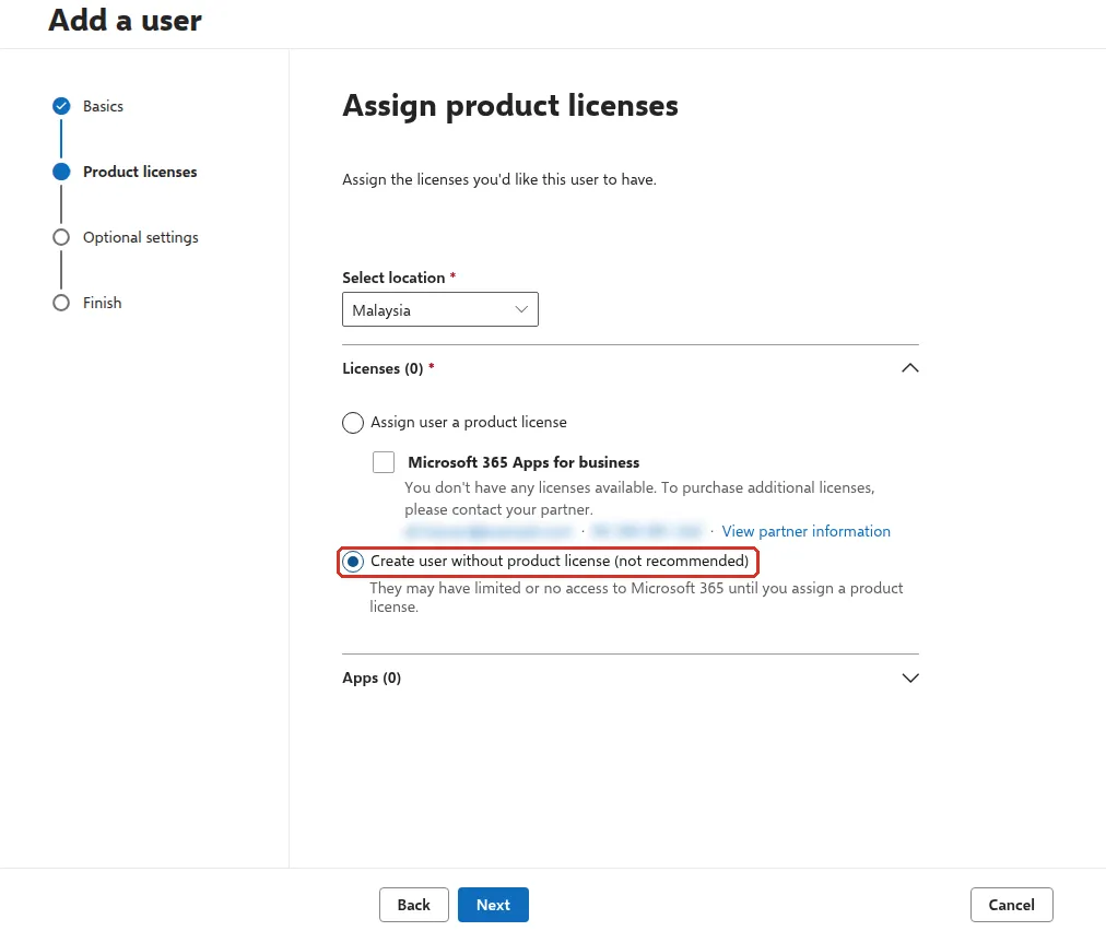 Assign product licenses page with no licences available and Create user without product license highlighted