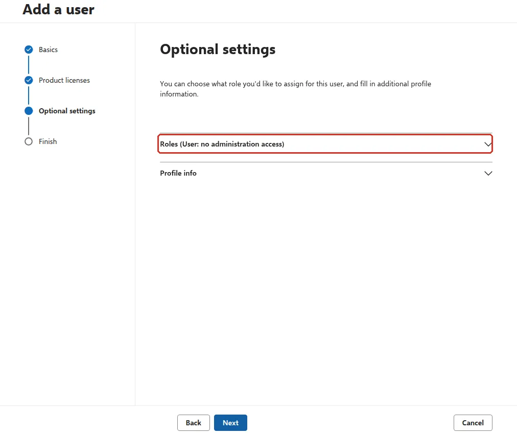 Optional settings page with Roles showing User: no administration access
