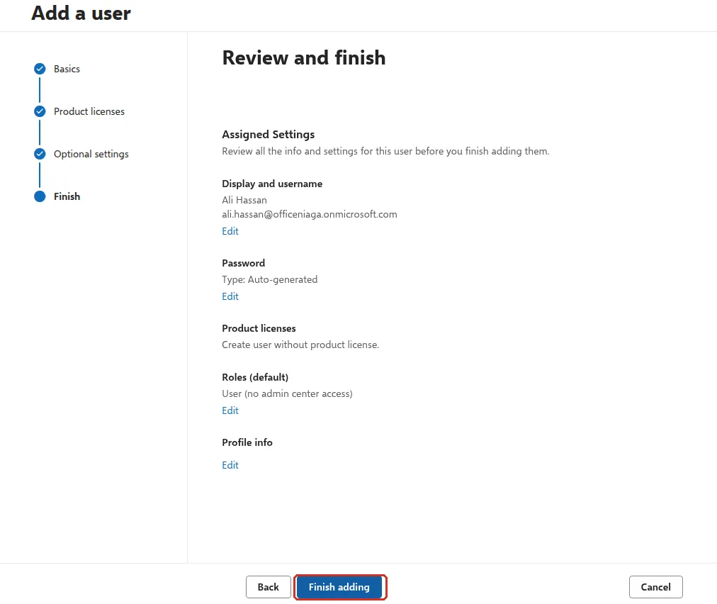 Review and finish page with the Finish adding button highlighted