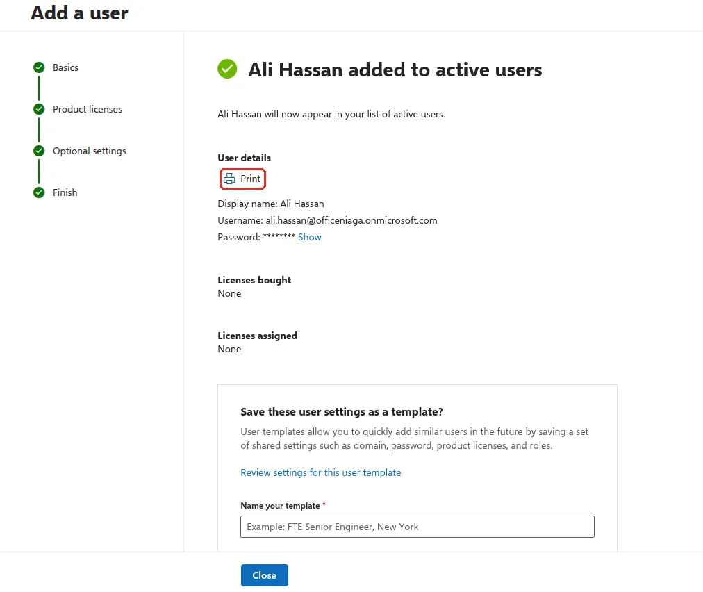 User added page with the Print link highlighted and the password hidden