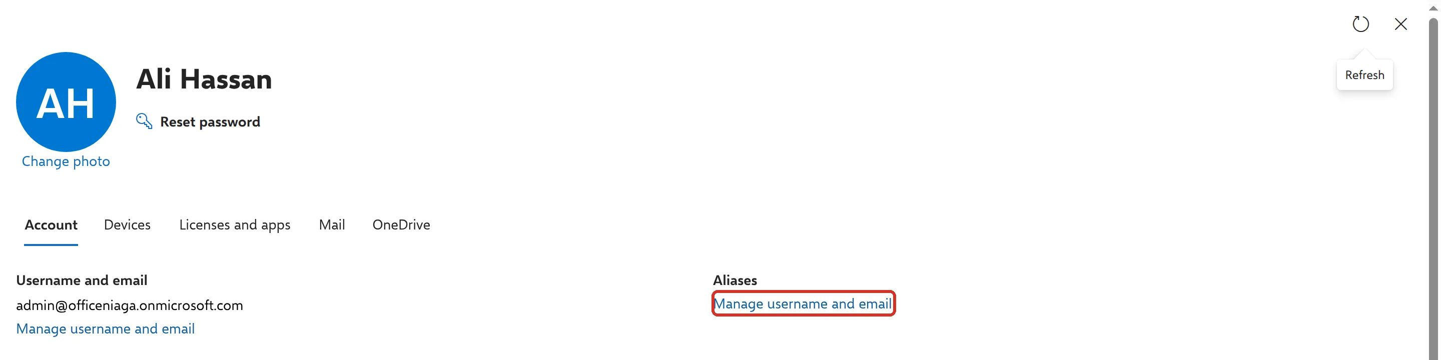 用户的Account标签页，已标示Aliases下的Manage username and email