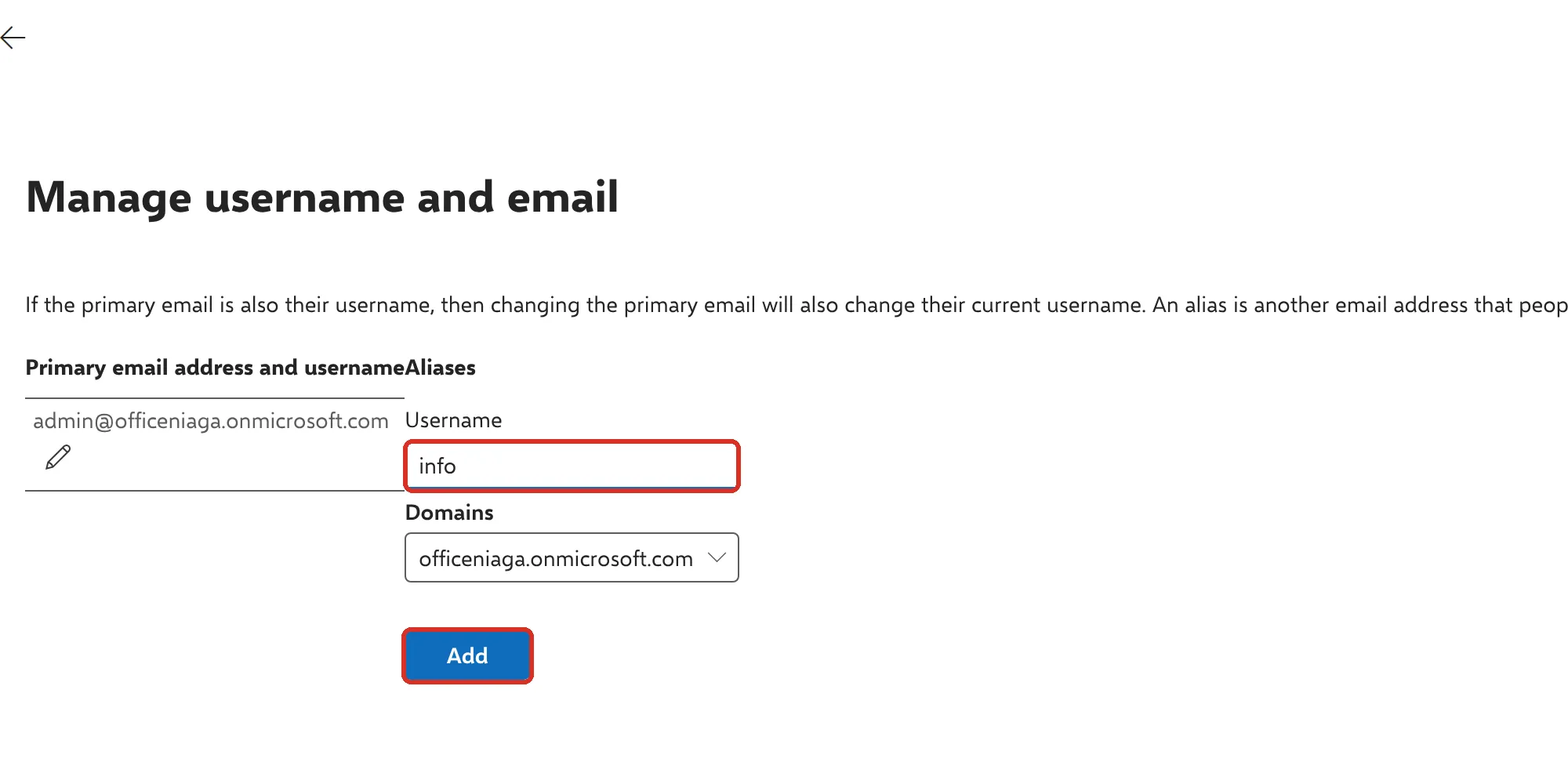 Manage username and email，已标示别名的用户名栏和Add按钮