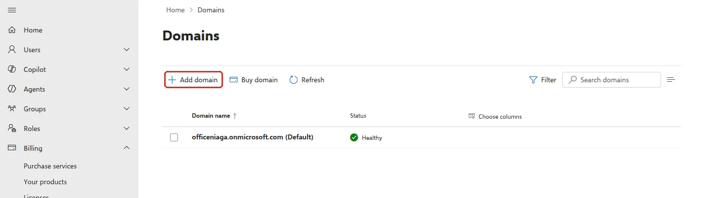 Domains page with Add domain highlighted