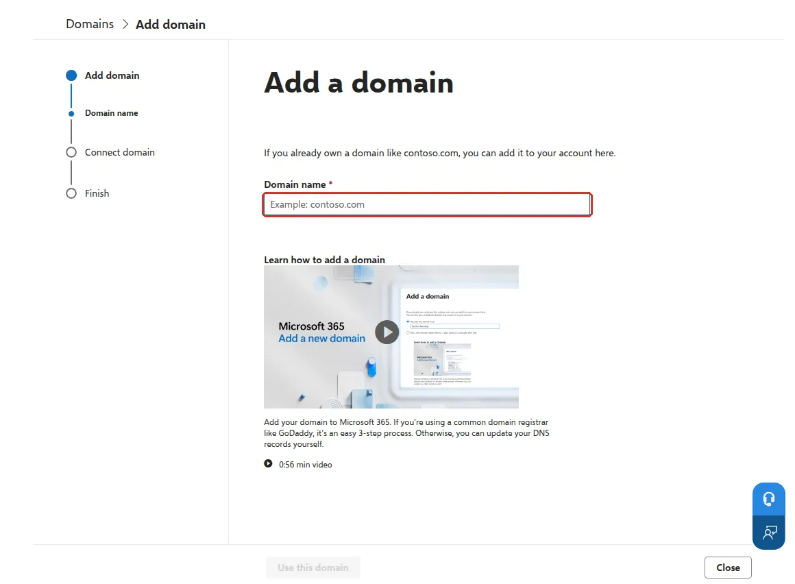Add a domain page with the Domain name box highlighted