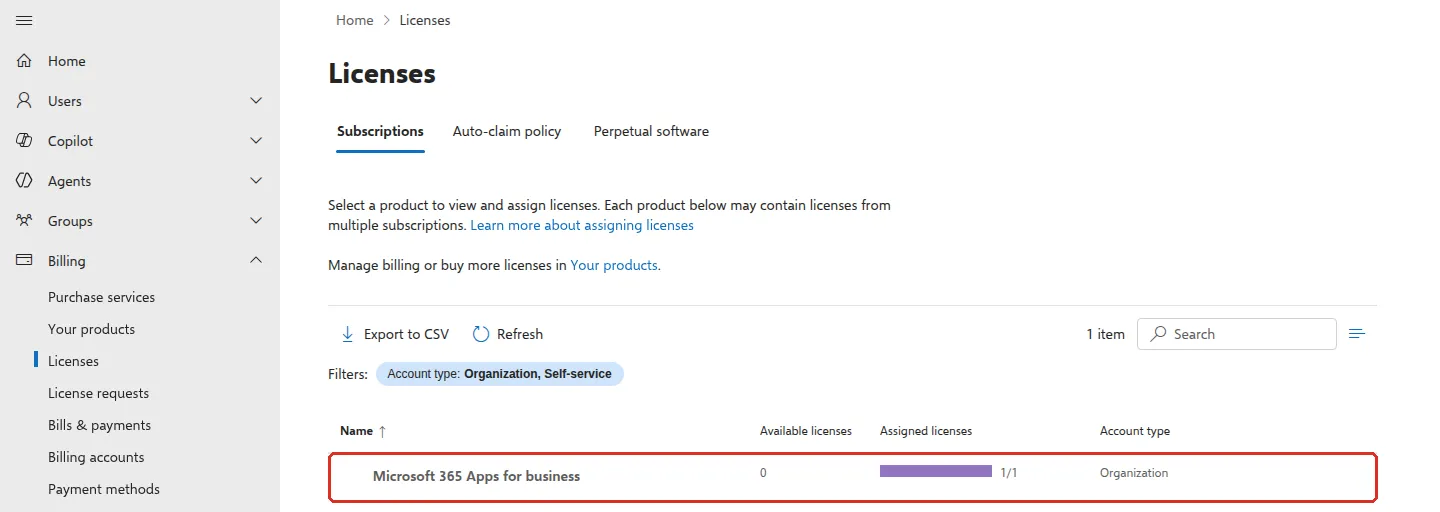 Billing Licenses page listing Microsoft 365 Apps for business with 0 available and 1 of 1 assigned