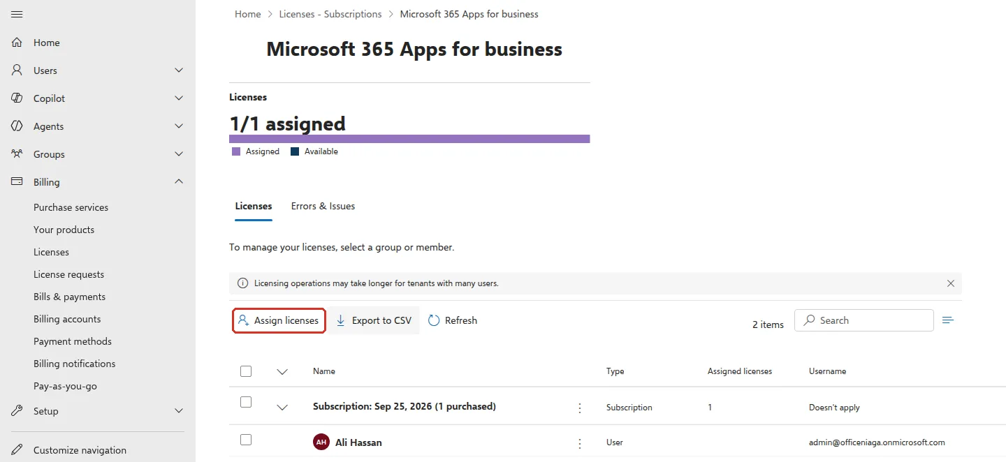 Product licence page showing 1/1 assigned with the Assign licenses button highlighted