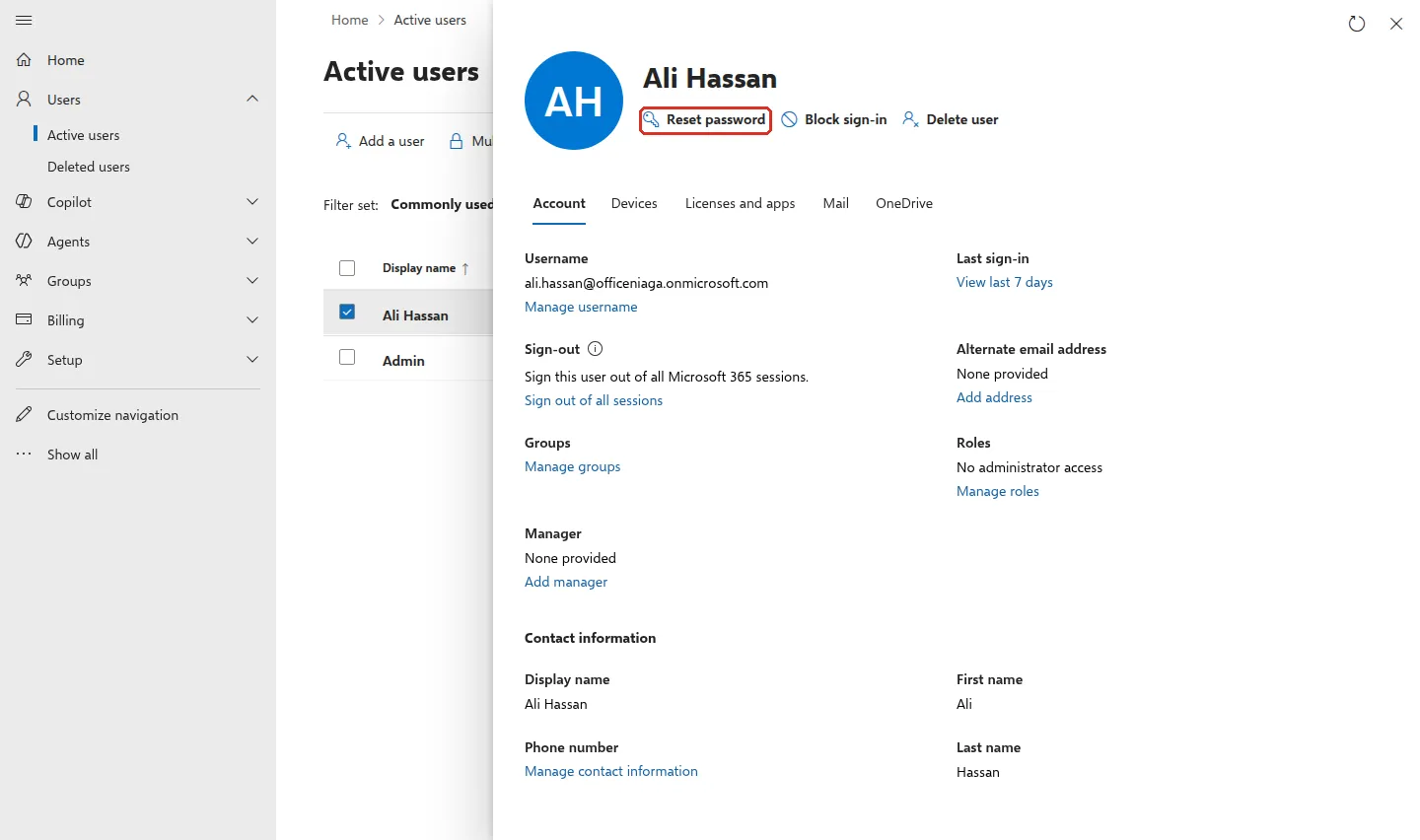 User details panel with Reset password highlighted