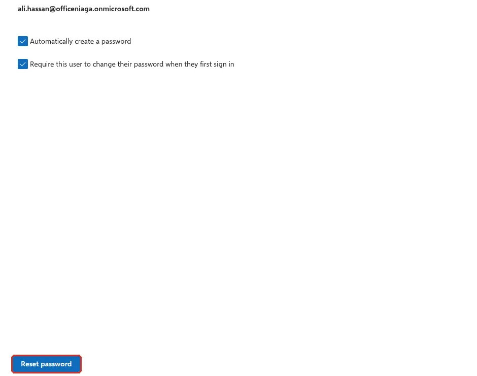 Reset password pane with both boxes ticked and the Reset password button highlighted