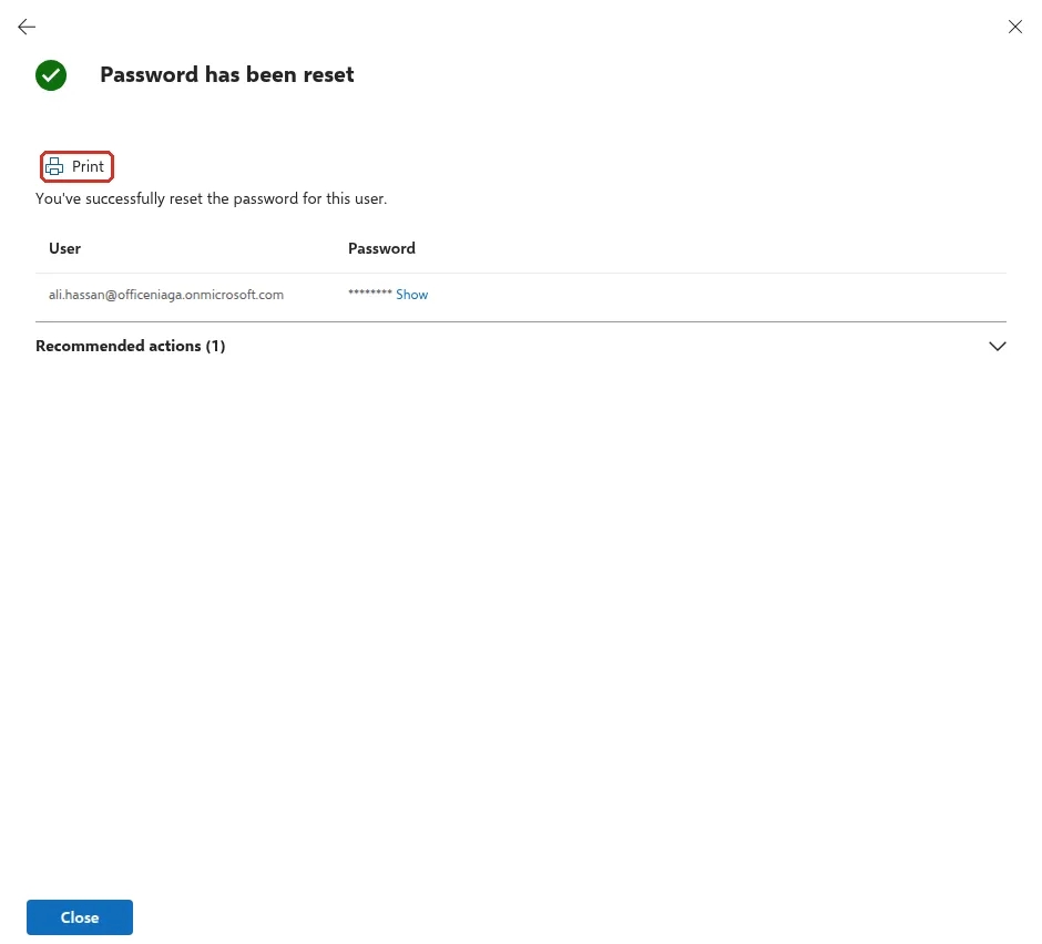 Password has been reset page with the Print link highlighted