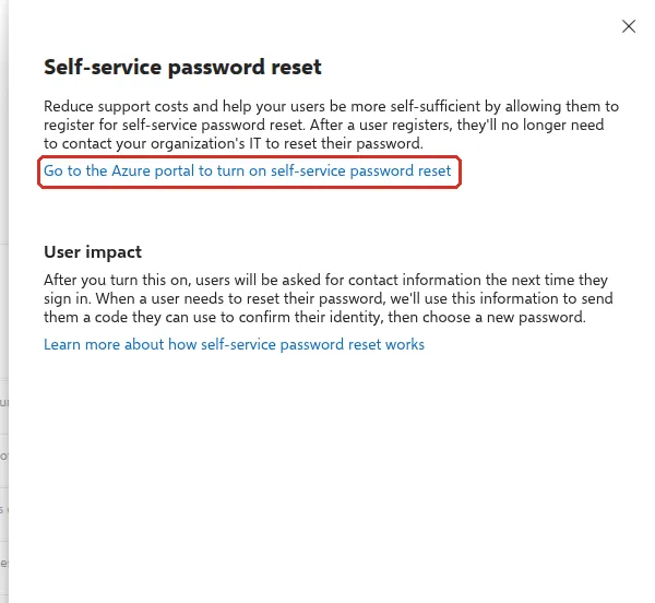 Self-service password reset panel with the Go to the Azure portal link highlighted