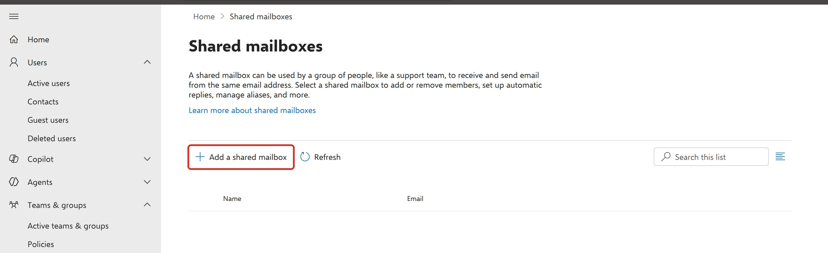 Shared mailboxes页面，已标示Teams & groups、Shared mailboxes和Add a shared mailbox