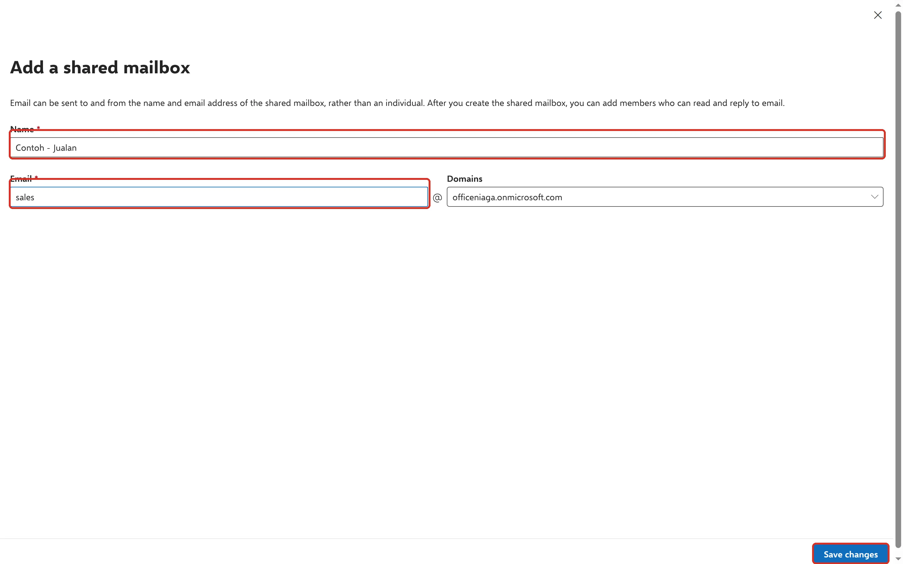 Add a shared mailbox面板，已标示Name和Email栏以及Save changes