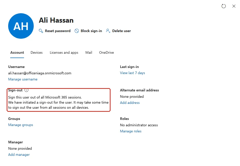 User Account tab with the Sign-out section highlighted after starting a sign-out