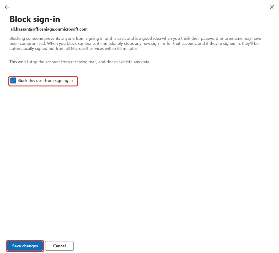 Block sign-in pane with Block this user from signing in ticked and Save changes highlighted