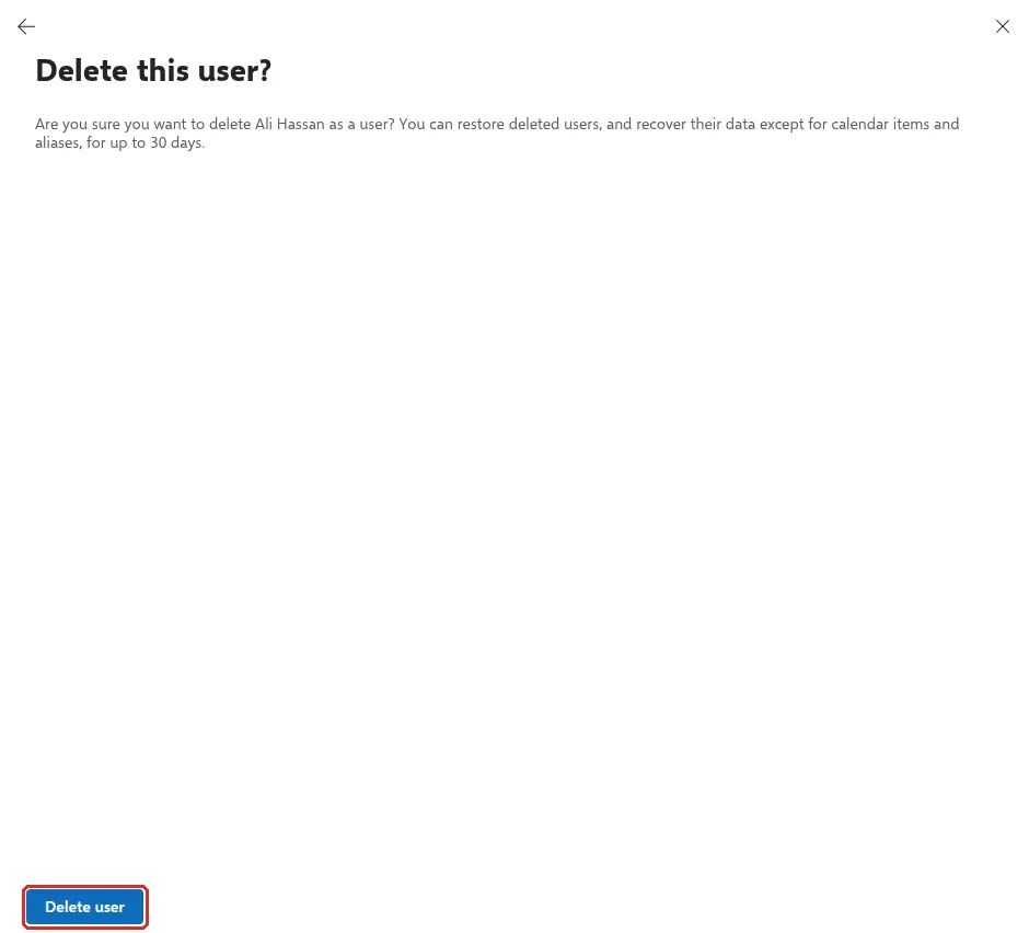 Delete this user? pane with the Delete user button highlighted