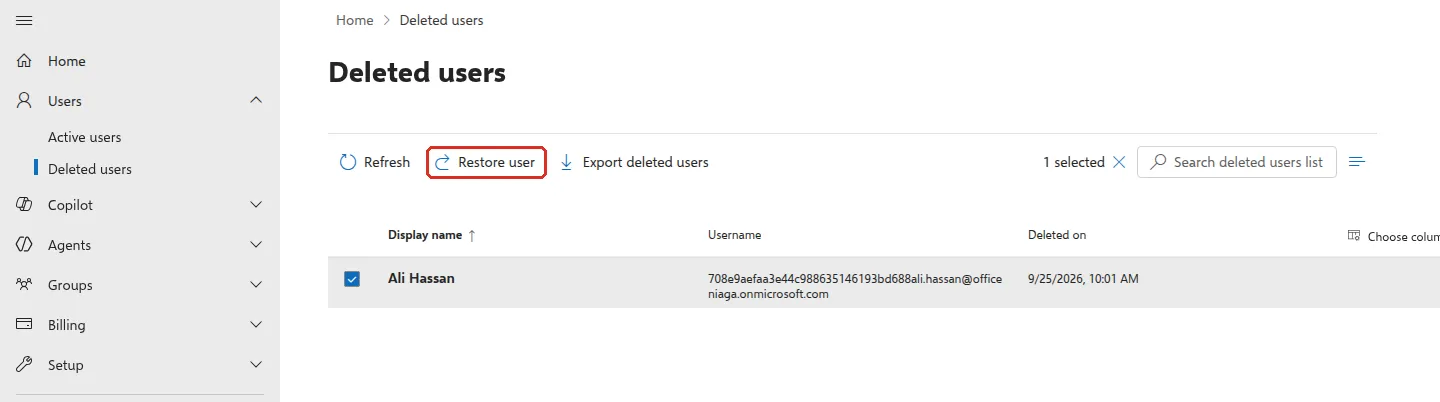 Deleted users page with a deleted sample user ticked and Restore user highlighted