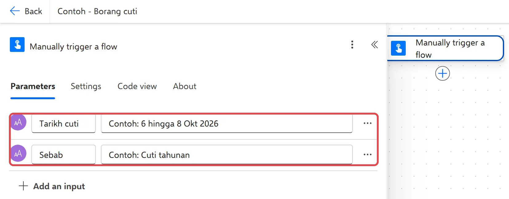 Manually trigger a flow with two text inputs, Tarikh cuti and Sebab, highlighted