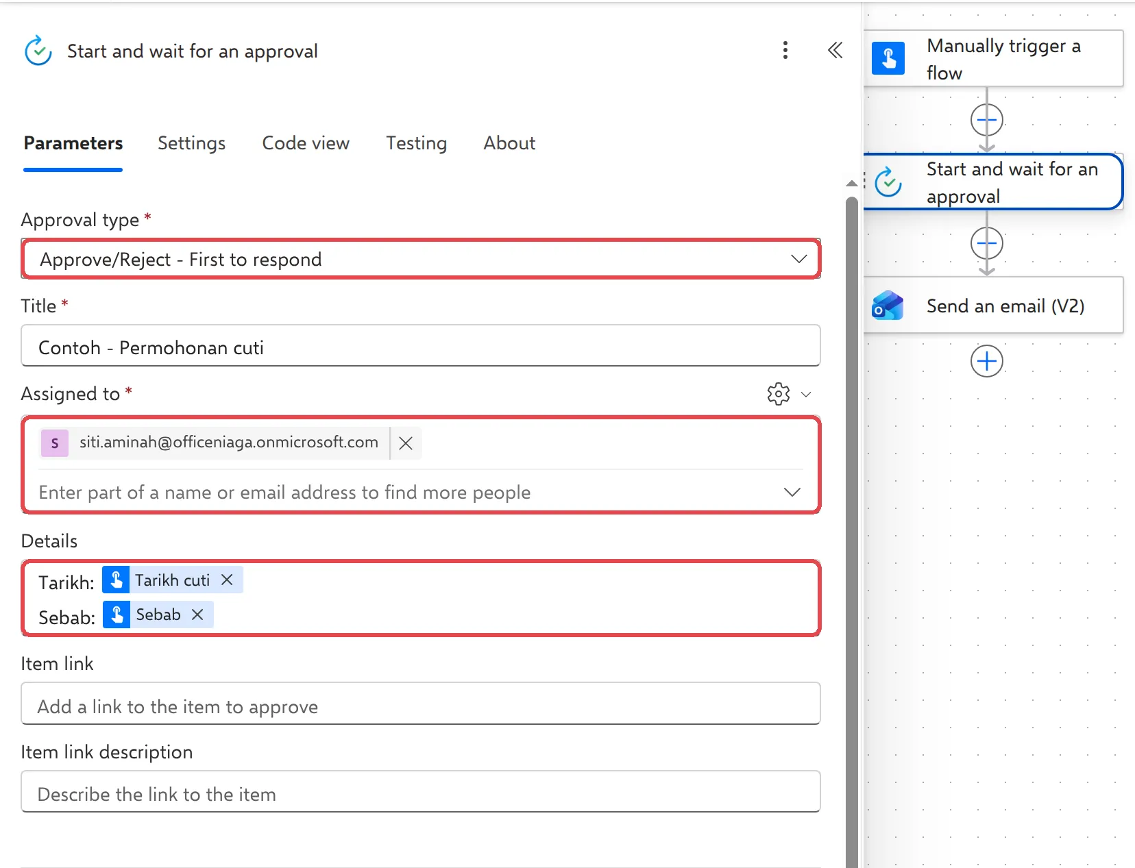 Start and wait for an approval with Approval type, the approver in Assigned to, and Details with the Tarikh cuti and Sebab tokens highlighted