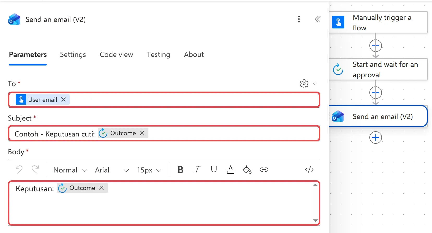 Send an email (V2) with User email in To, and Outcome in Subject and Body, highlighted
