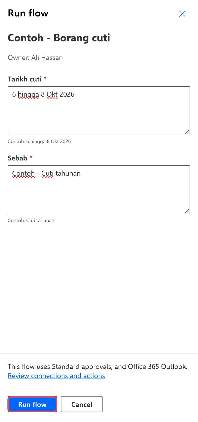 Run flow panel for Contoh - Borang cuti with Tarikh cuti and Sebab filled in and Run flow highlighted